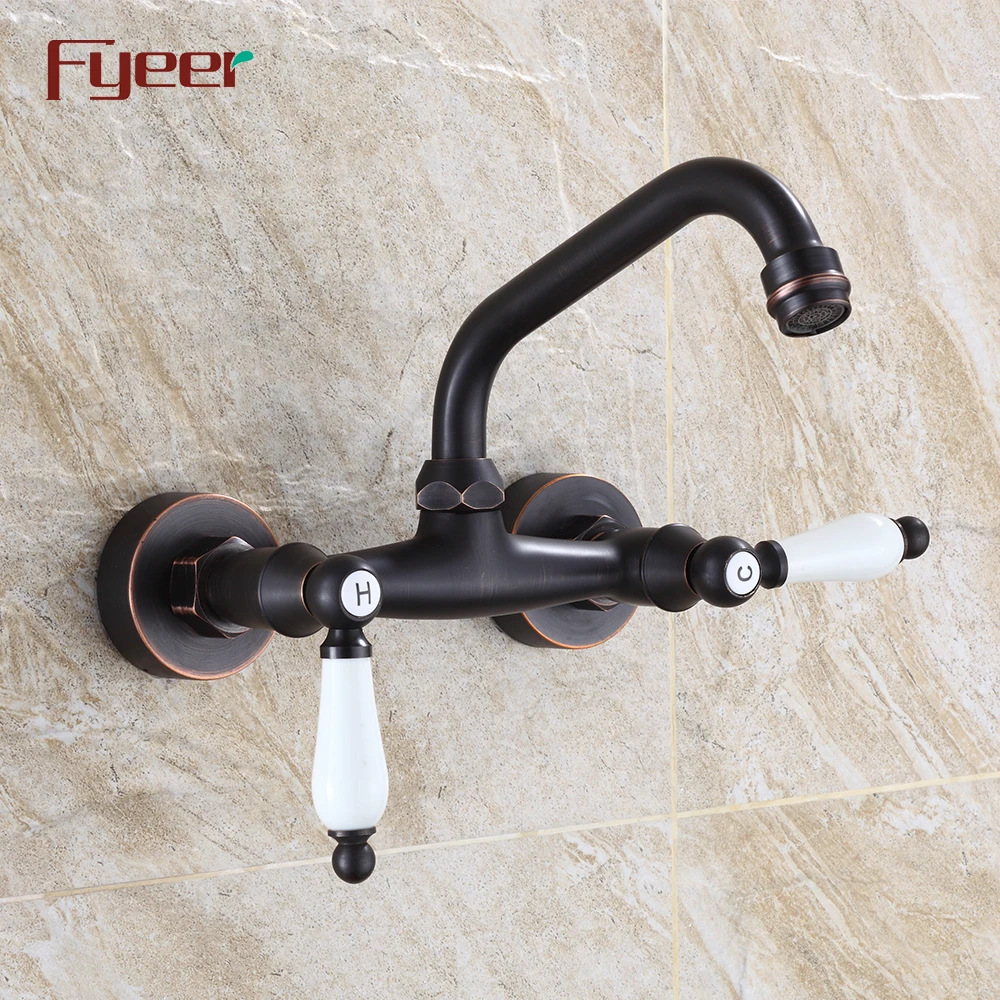 Fyeer Wall Mounted Black Kitchen Faucet with Double Ceramic Handle