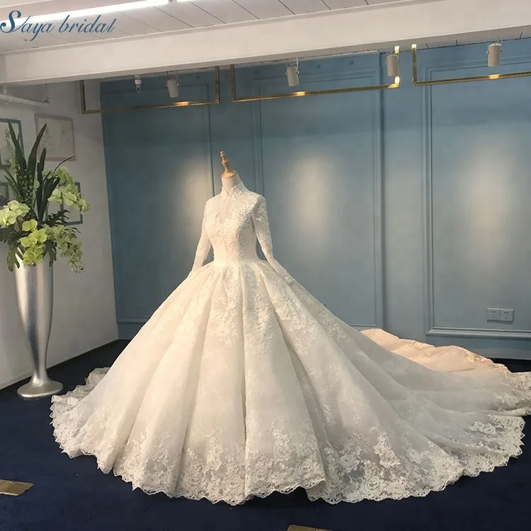 High collar lace patch 150 cm train muslim bridal wedding dress