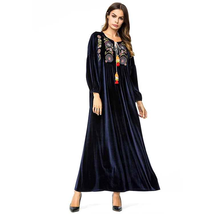 Hot sale dark blue long sleeve islamic velvet maxi dress winter clothes for muslim women abaya