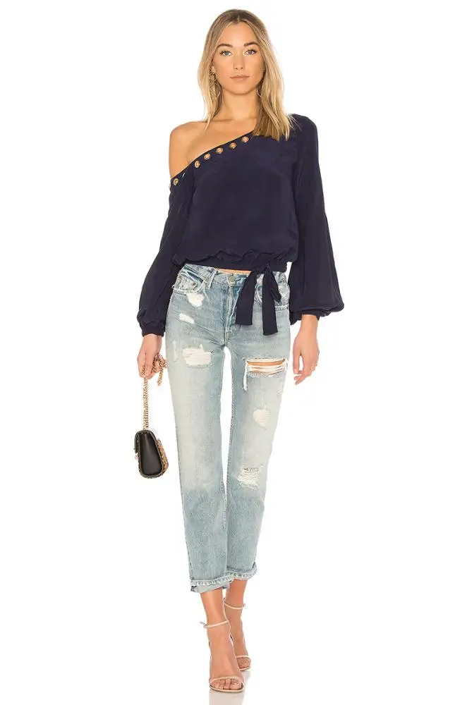 Fahion velvet long sleeve one-shoulder women blouse with hole