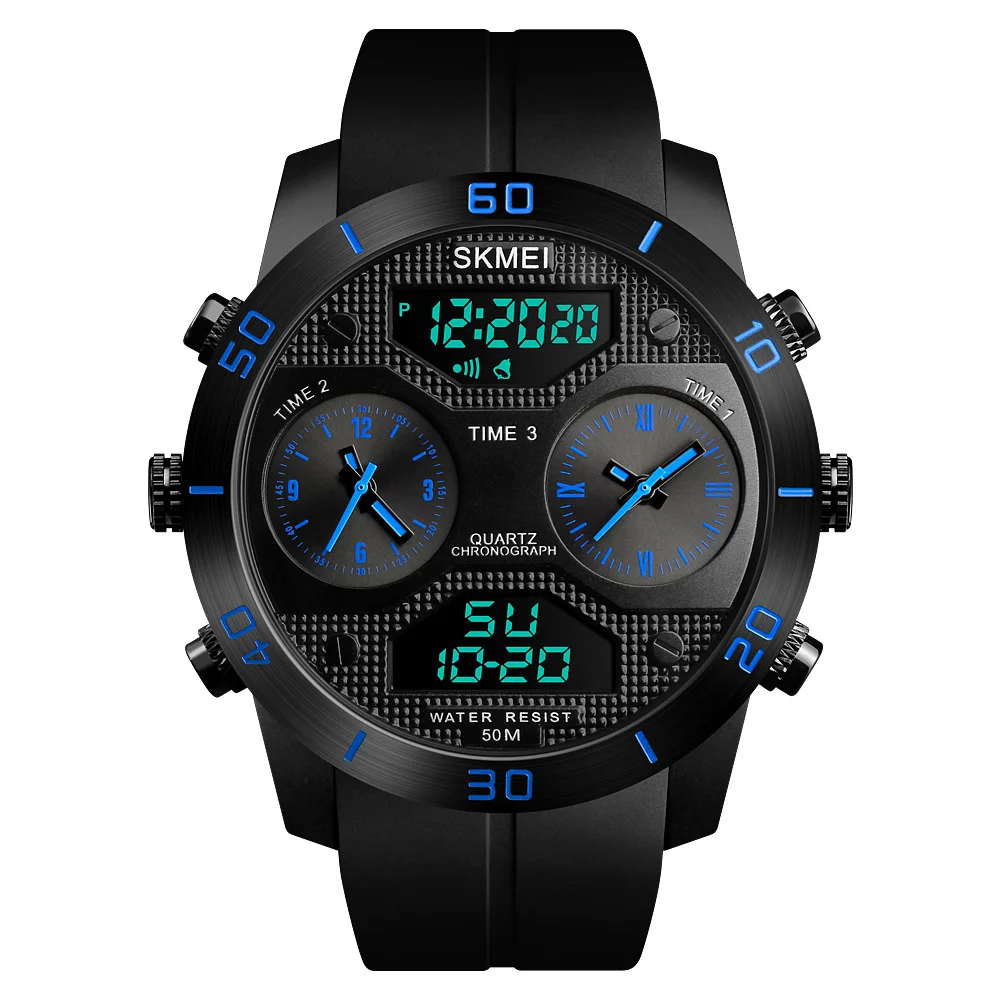 SKMEI 1355 new arrival 3 time zone japan movt quartz watch stainless steel case back sport digital wristwatch