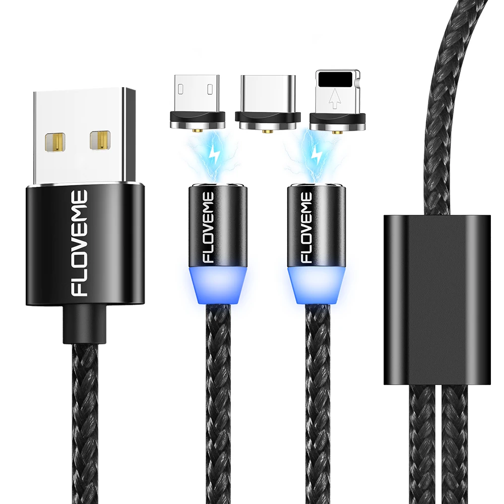 
2 in 1 Nylon Magnetic Charging Cable with 2 plug FLOVEME 1.2 m LED Light Magnet Charger USB Cable 