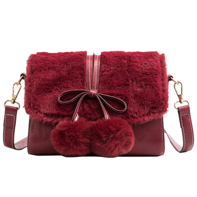 
New stylish 2018 women handbags faux fur mini shoulder bags with bow decoration and long adjustable strap 