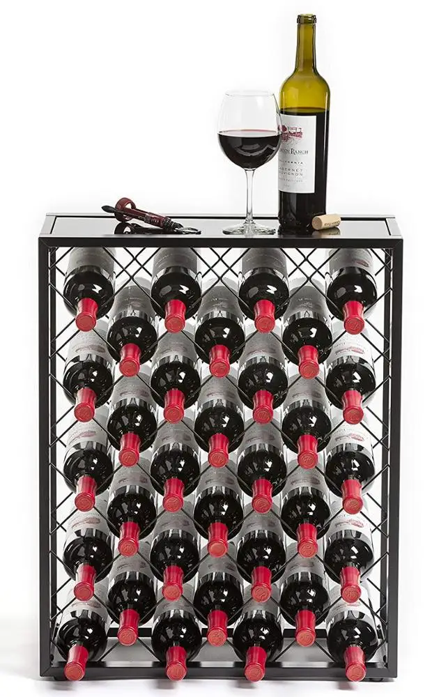 
Free Standing Red Wine Storage Display Rack Mango Steam 32 Bottle Wine Rack with Glass Table Top, Black Corner Display 