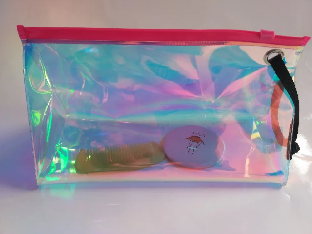 Custom holographic washable Tpu toiletry cosmetic bag transparent holographic travel  pvc makeup bag