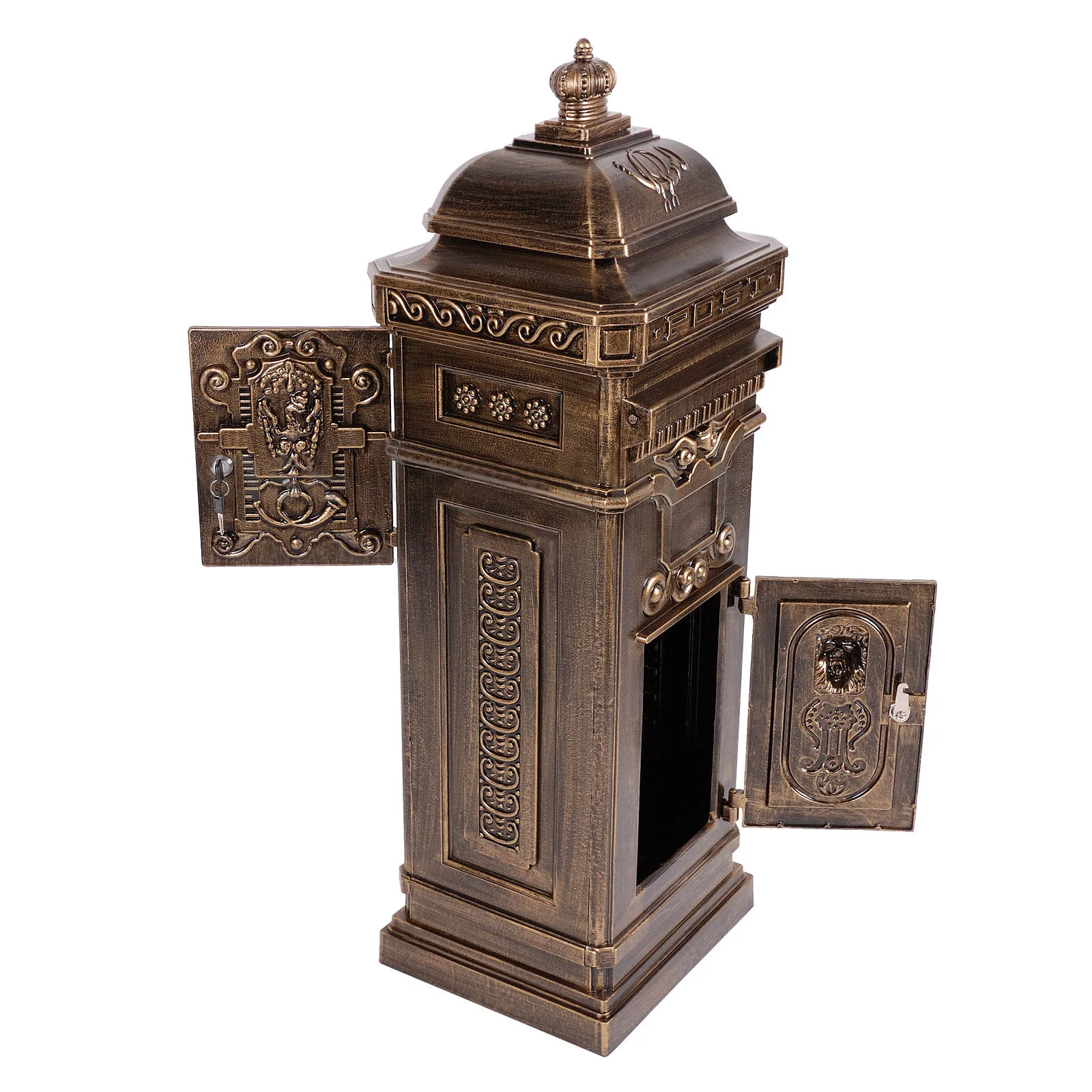 gold cast aluminum mailbox with 2 doors and 2 keys