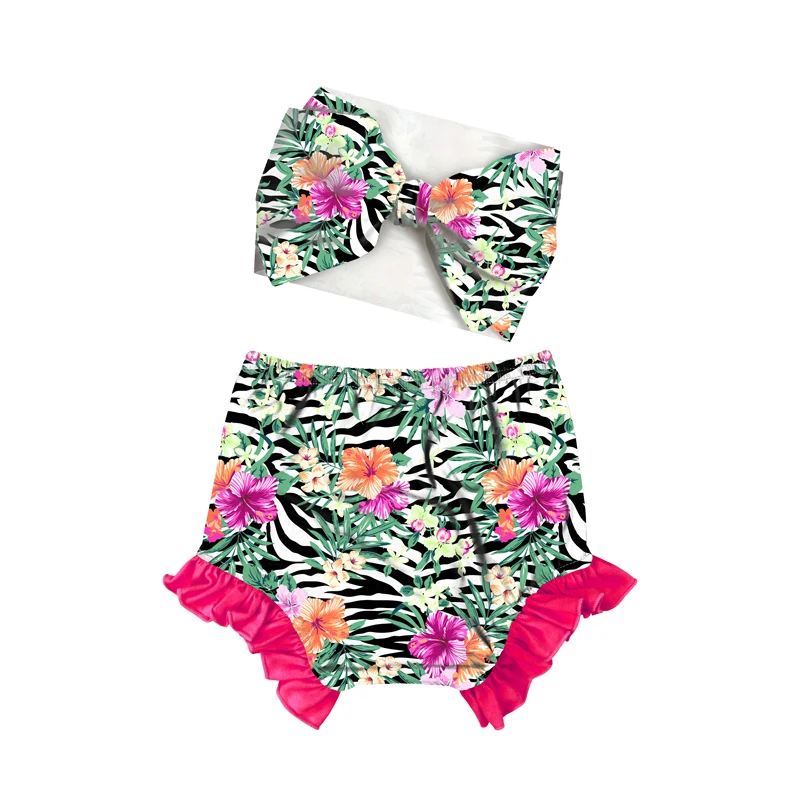 
Green red floral Leopard Print newborn infant bow and bloomer set ruffled baby bloomer 