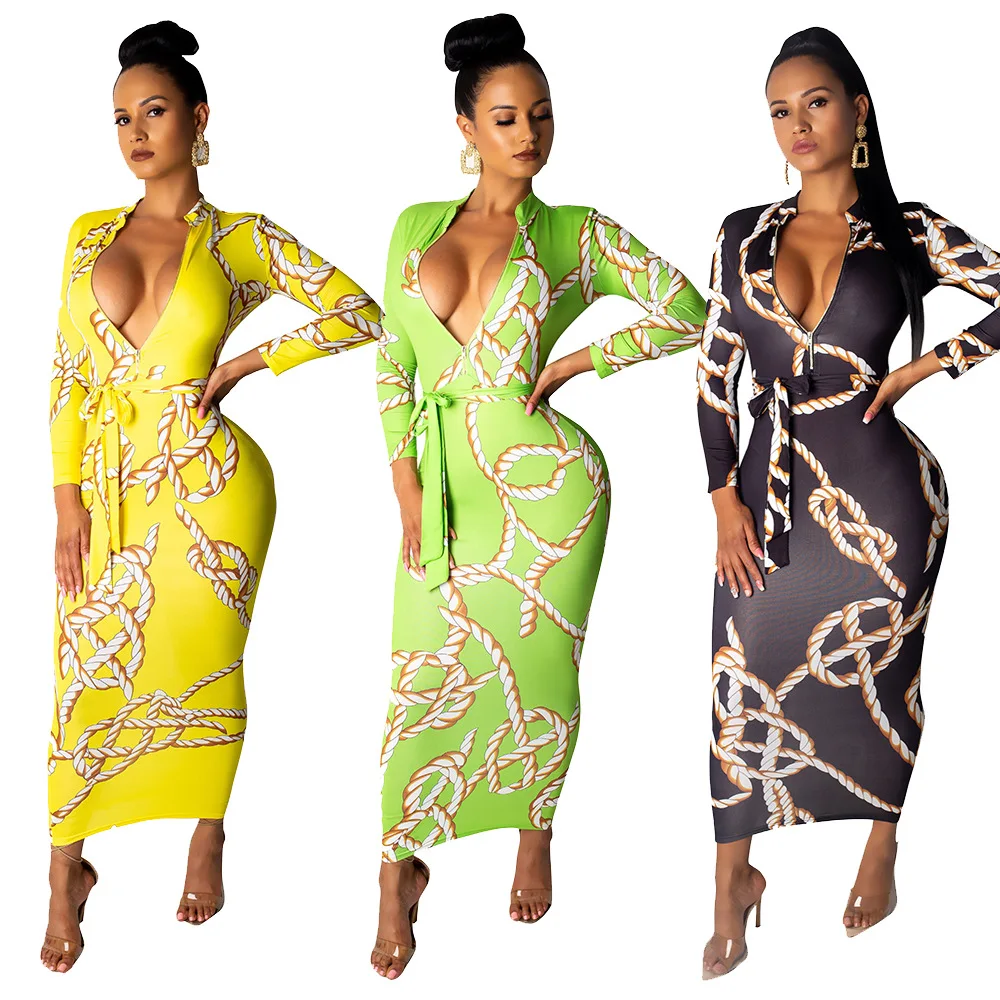 Женское пляжное длинное платье макси с принтом цепей и глубоким V-образным вырезом, новое дизайнерское богемное платье с длинным рукавом 2019 июня