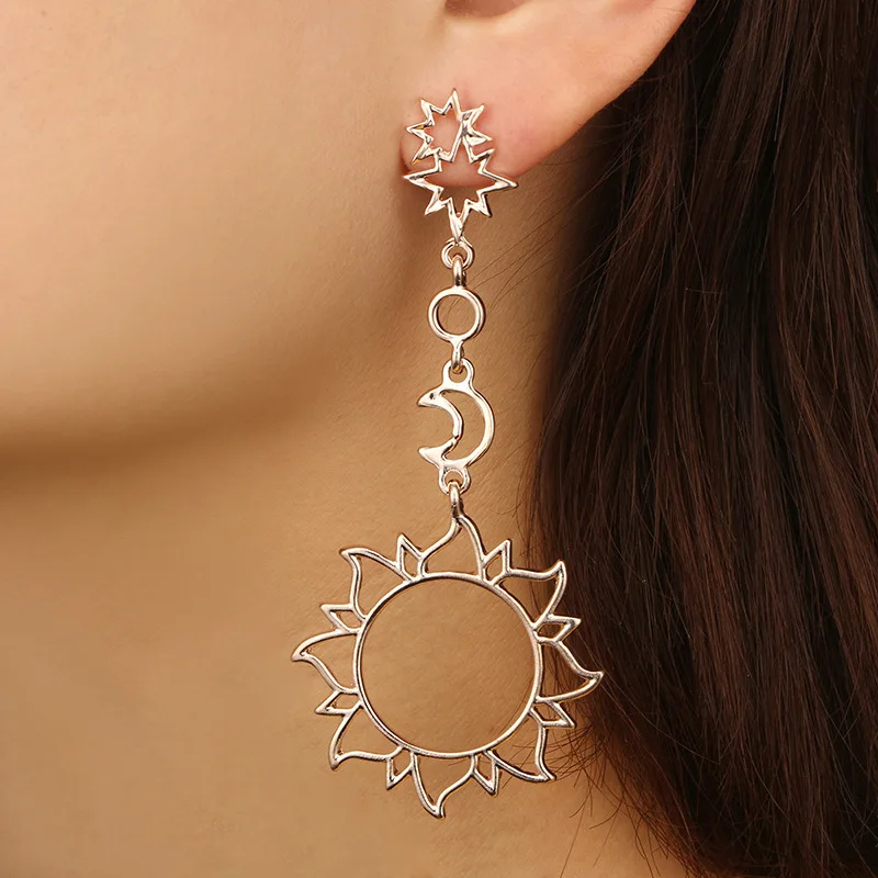 2019 Fashion Jewelry Women Long Drop Stud Earrings Rose Gold Vintage Hollow Sun Moon And Star Asymmetric Earrings Girls