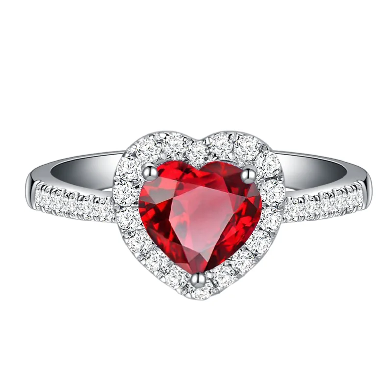 wholesale new fashion romantic 0.55ct red ruby natural gemstone 18k gold diamond jewelry heart ring for engagement wedding