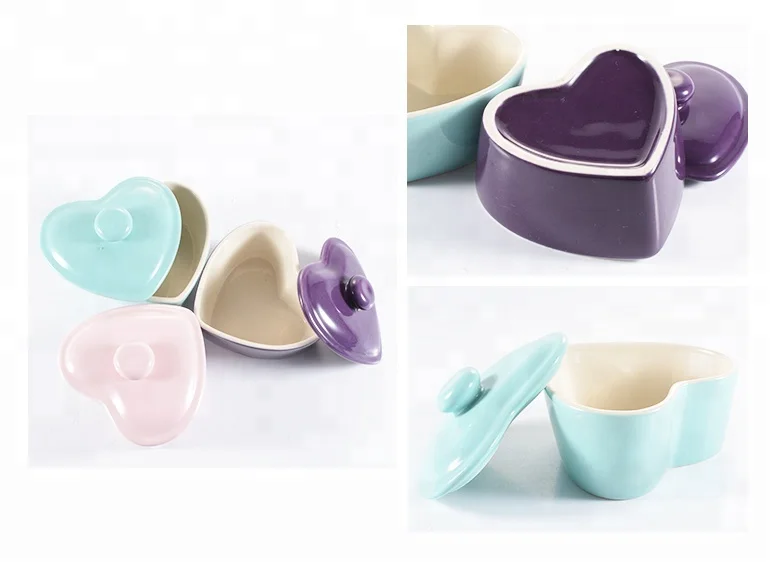 Lovely decoration color ceramic salad heart shaped bowl with lid