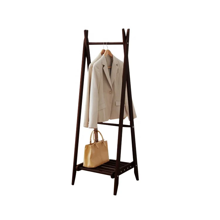 Portable Movable Stand pine Wooden coat hanger shelf for clothes