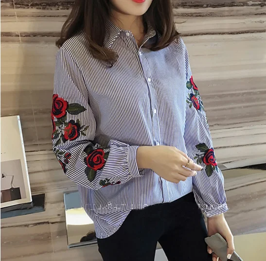 Spring and summer new han fan big code loose fashion stripe embroidery blouse