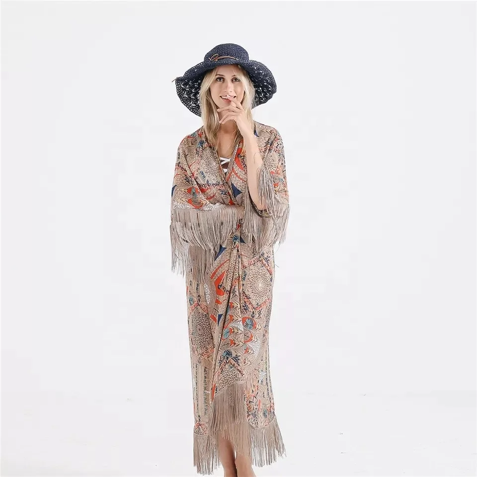 British style printed fringe cover up beachwear kaftan beachwear women boho casual dress