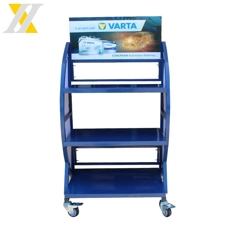 Customized Multi-storey Blue Metal Car Battery Display Rack Store Automotive Battery Display Rack Simple Bubble Wrap and Carton