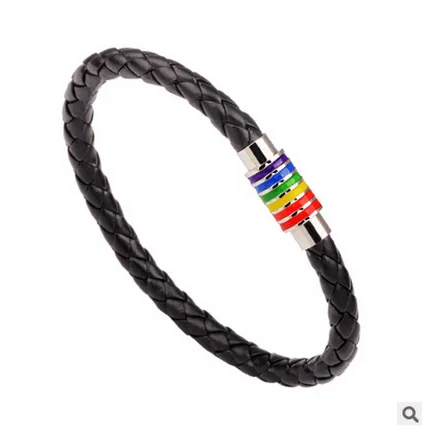 2017 Fashion Men Rainbow Jewelry Charm Genuine leather Bracelet Stainless Steel Magnetic Buckle Accessories Gay Pride Bracelet