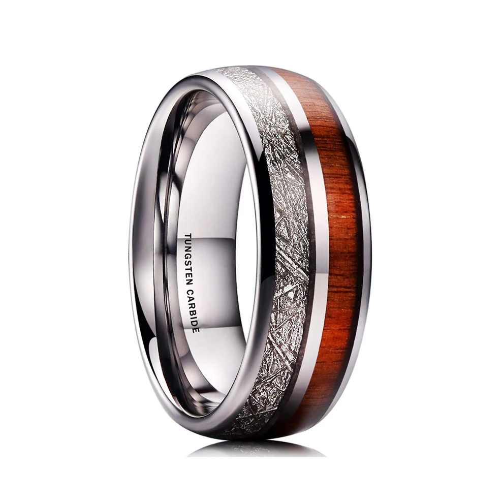 ring men 8mm meteorite and koa wooden inlay Tungsten Carbide jewelry Comfort fit mens Ring