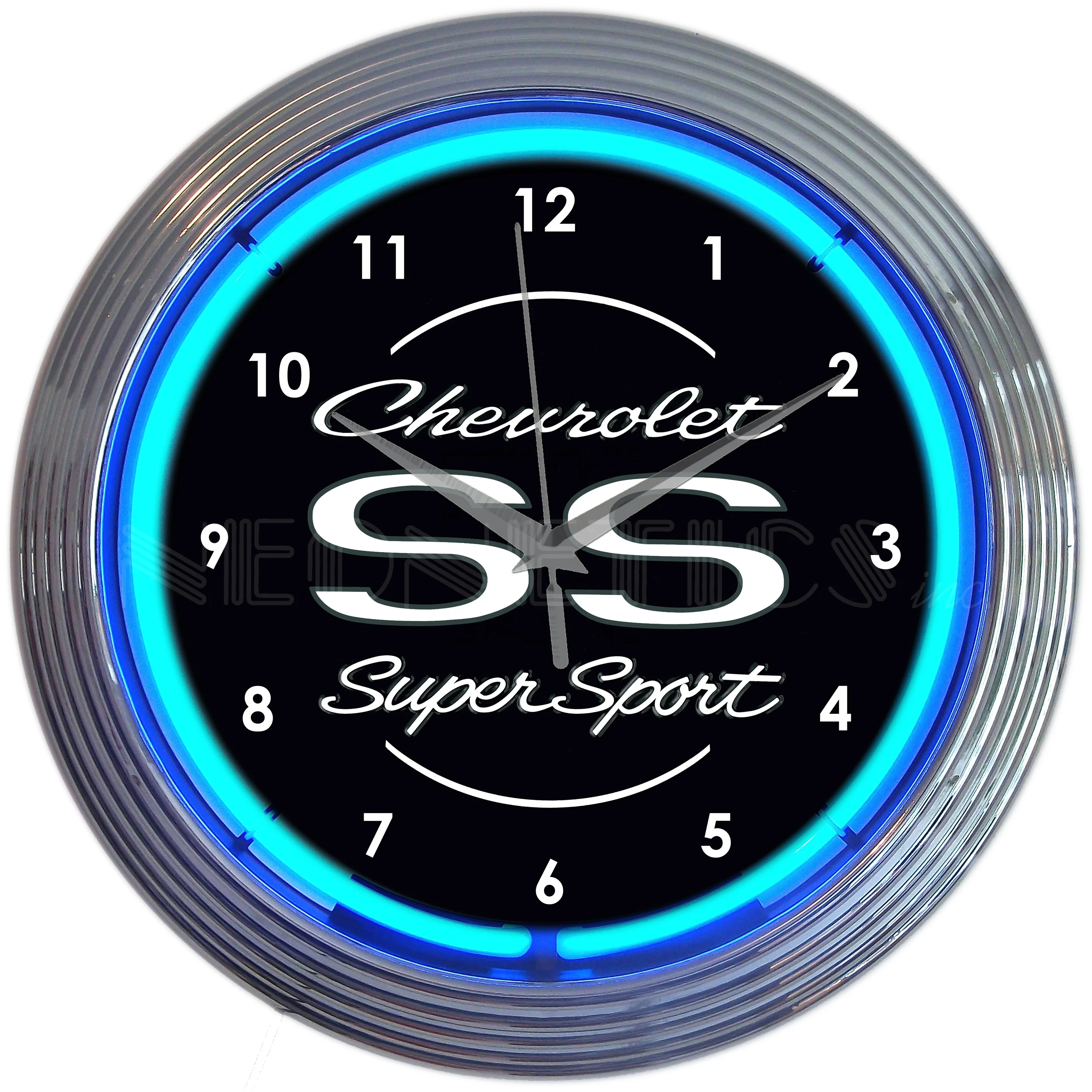 China custom made 15 inch round shape chrome shell 12VDC glass tube light Chevrolet SS neon glass wall clock