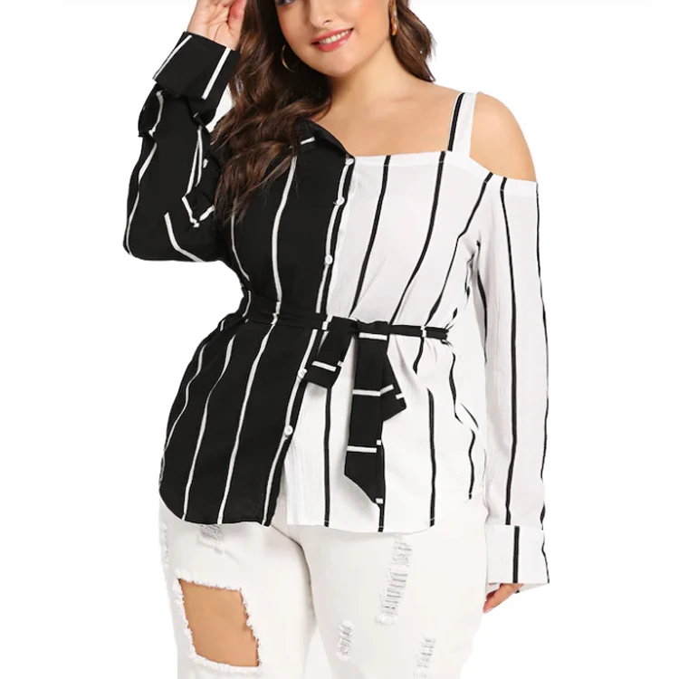 Wholesale Plus size Women Blouse  Fashion Casual Long Sleeve Lapel Vertical striped  Blouse
