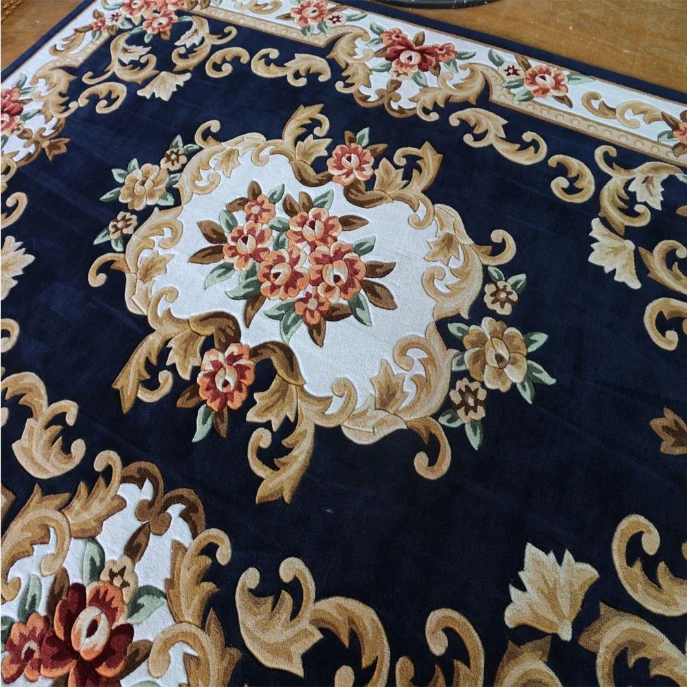 Navy Blue Floral Carpet Cut Pile Luxury Carpet Living Room Rugs