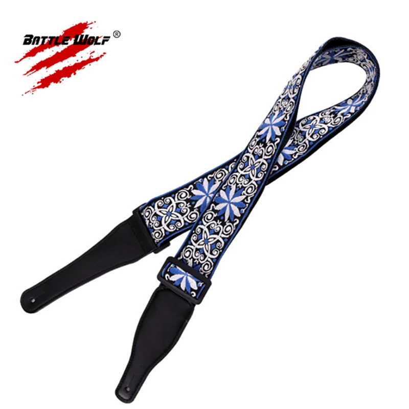 Wholesale Woven Jacquard Weave Different Style Wear Resisting Real Leather Ends Strap for Guitar Strap