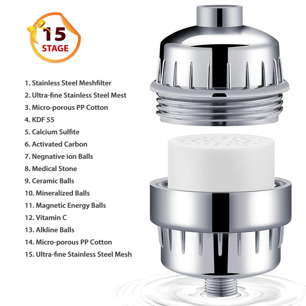 Amazon Hot Sale Universal 15 stages Activated Carbon KDF Vitamin C Baby Shower filter  Shower Water Purifier