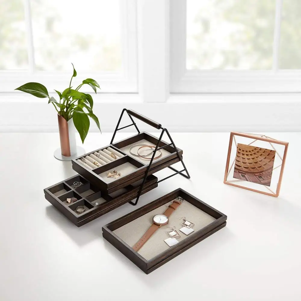  Поднос для ювелирных изделий-трехслойный поднос драгоценностей удобного хранения и доступа отделка черным/ореховым цветом
