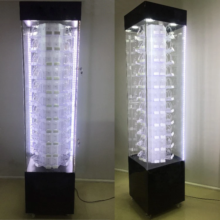 High Quality Large Lockable Clear Acrylic Rotating Watch Display Case With Led Light