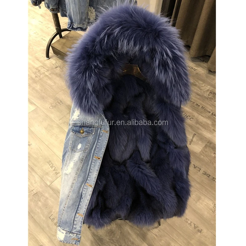 
SF0423 Jeans Denim Jacket With Real Raccoon Fur Collar Fox Lining Woman Winter Coat 