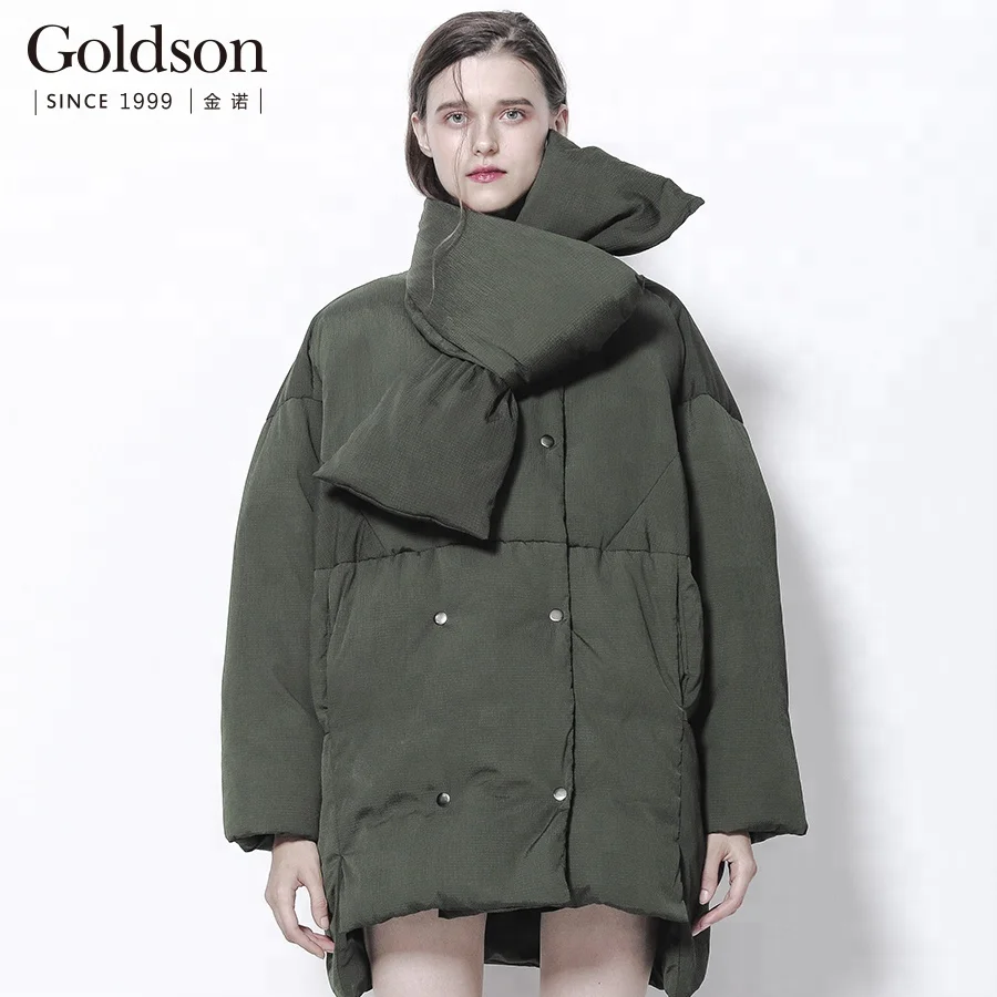 European Custom Clothing Top Design Women Down Jacket For Winter With Big Scarf