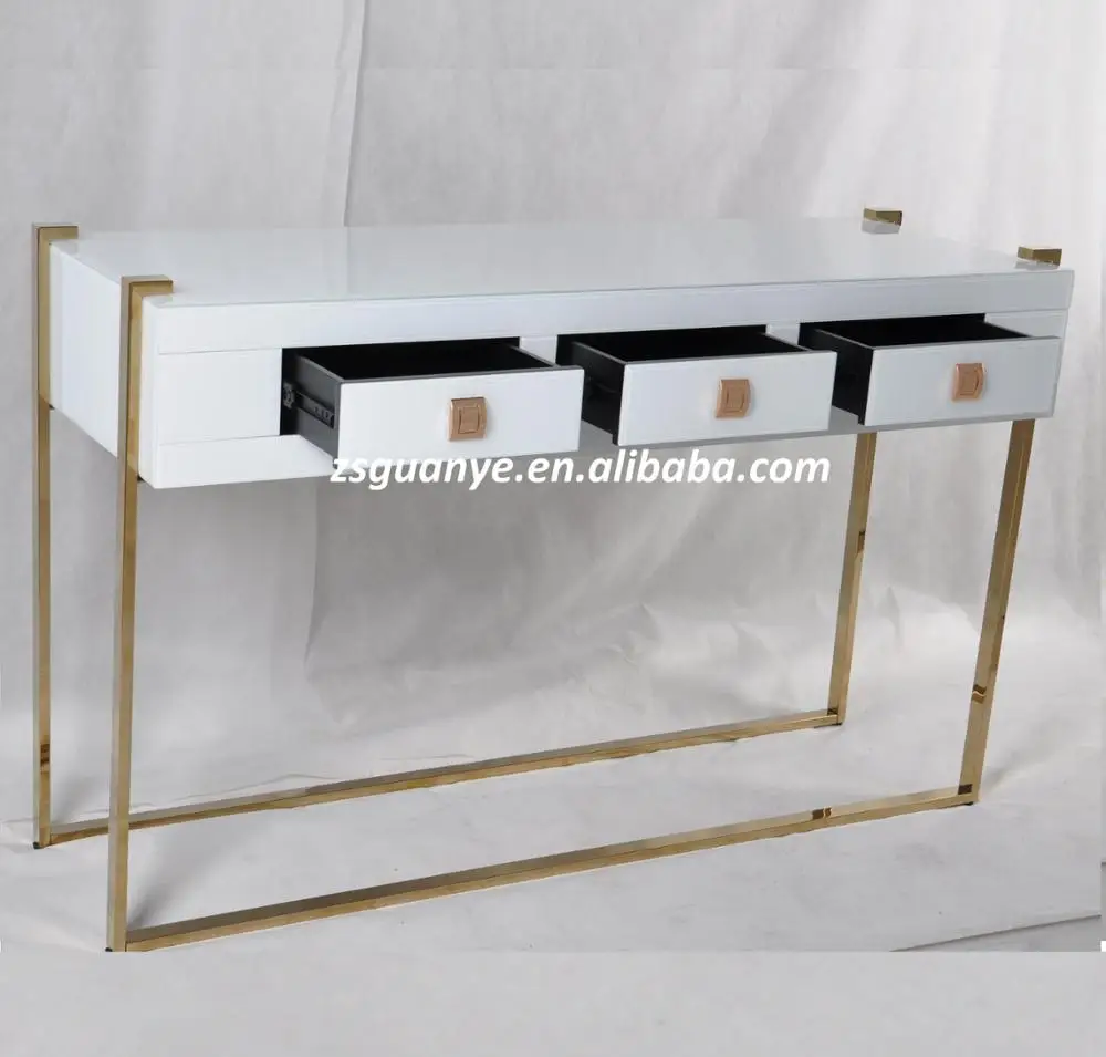 Large Storage 3 Drawers Gold Metal Leg White Glass Top Mirrored Console Table