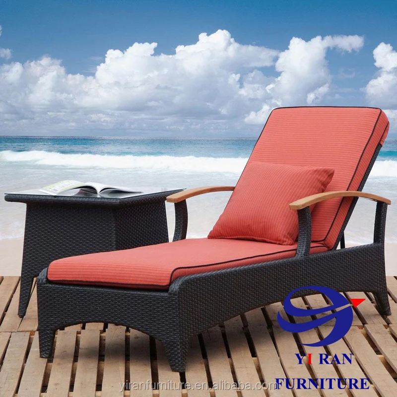 Swimming pool rattan lounge chair with small coffee table teak armrest hot sale outdoor rattan furniture