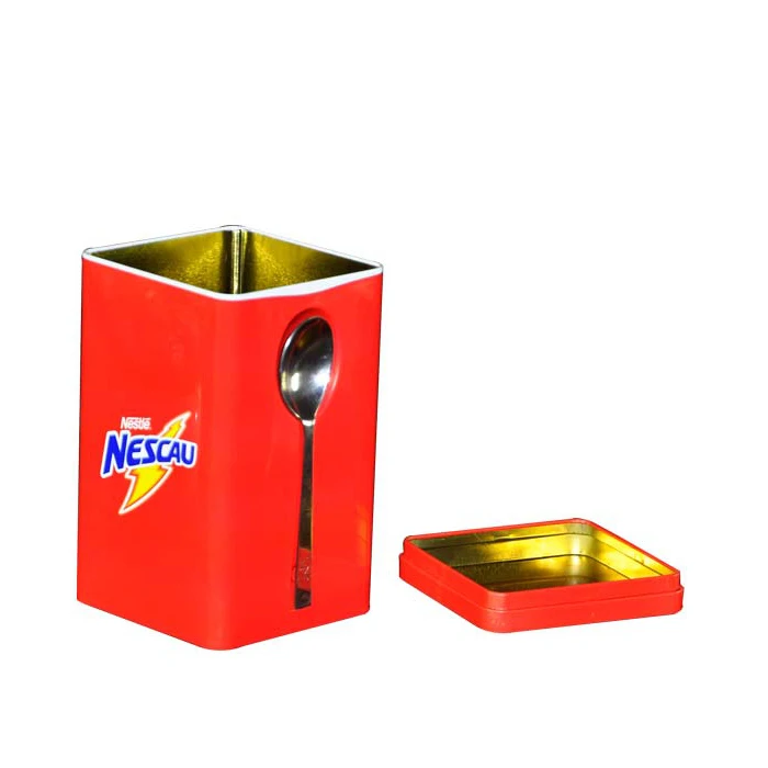 high quality airtight rectangular coffee tin with metal spoon