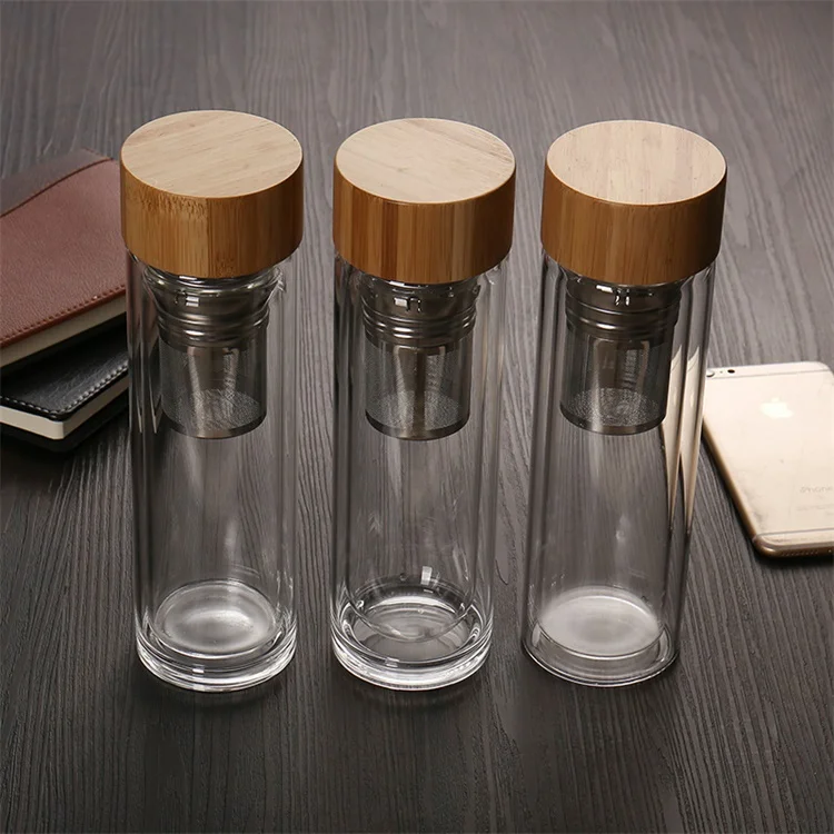 2019 double wall portable bamboo lid glass tea infuser water bottle for office
