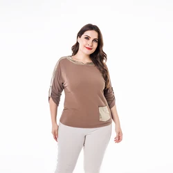 Wholesale European and American plus sizes clothing with circular collar gilt button belt knitted T-shirt top for women.