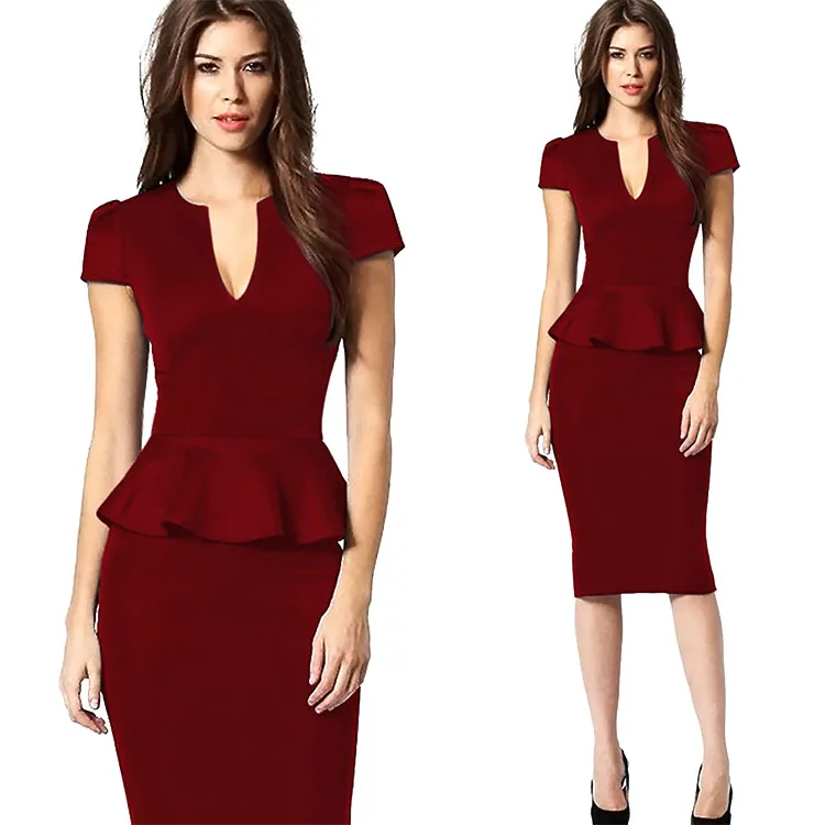 2019 Top Tank Ruffles Clothing V-Neck Bodycon Office Ladies Pencil Knee Length Women Formal Dresses