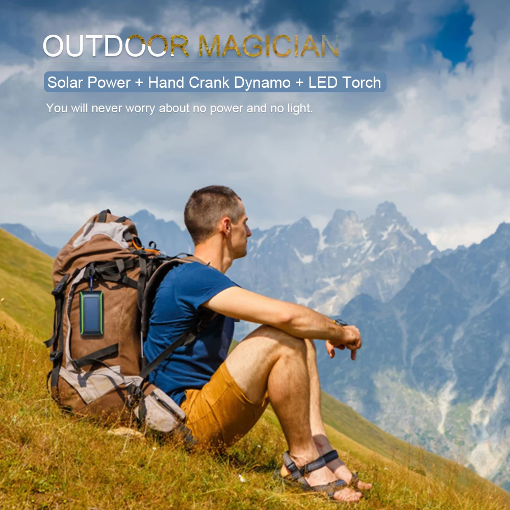 Universal LED Flashlight  Portable Mini Waterproof Mobile Solar Power Bank 8000mah solar charger with Carabiner