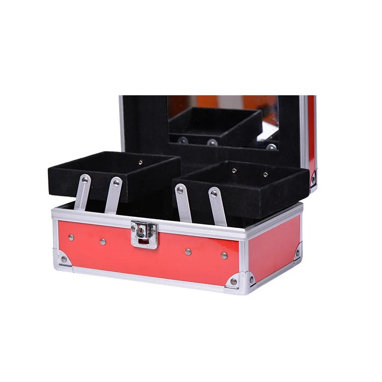 Locking Ladies Travel Makeup Trunk Case Red Cosmetic Organizer With Mirror High Quality Beauty Case