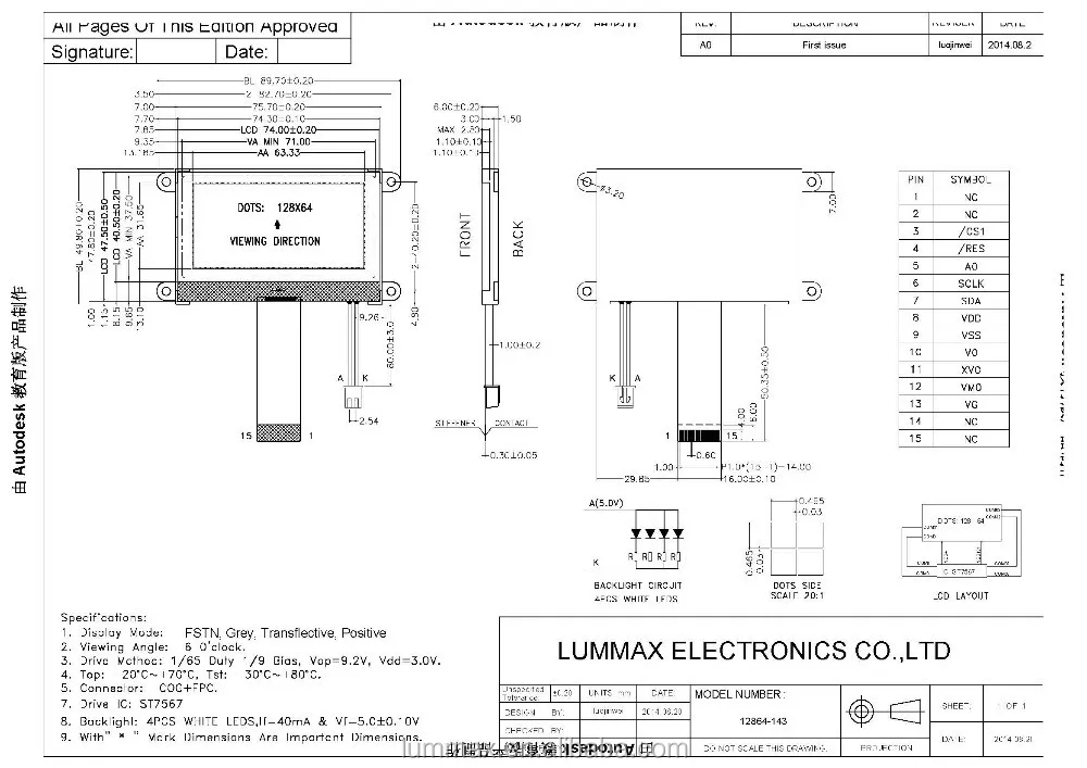 FSTN COG 128x64 Dots Graphic LCD Screen