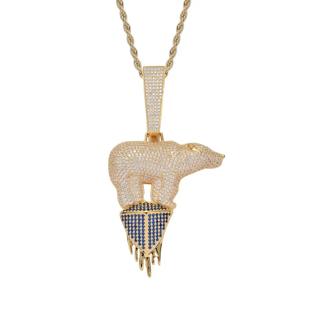 Hot Sale Iced Out CZ Stone 18K Gold Plated Polar Bear Pendants With big Clasp