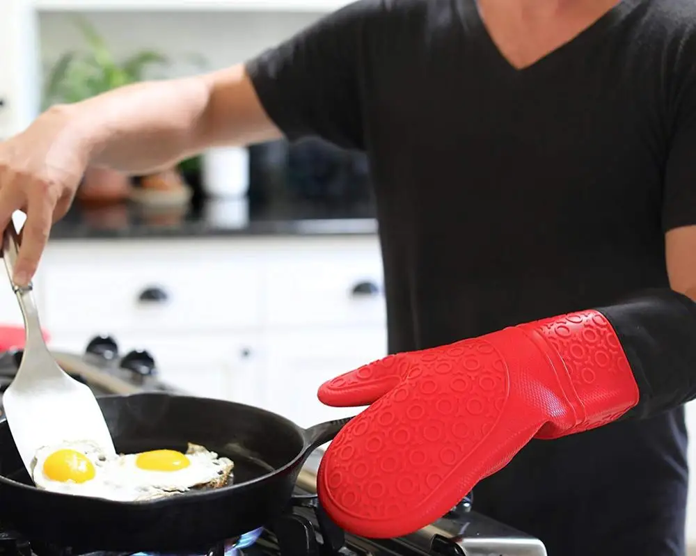 Heat Resistant Oven Gloves, Silicone Oven Hot Gloves- Extra Long Professional Baking Latex Gloves ( Red )