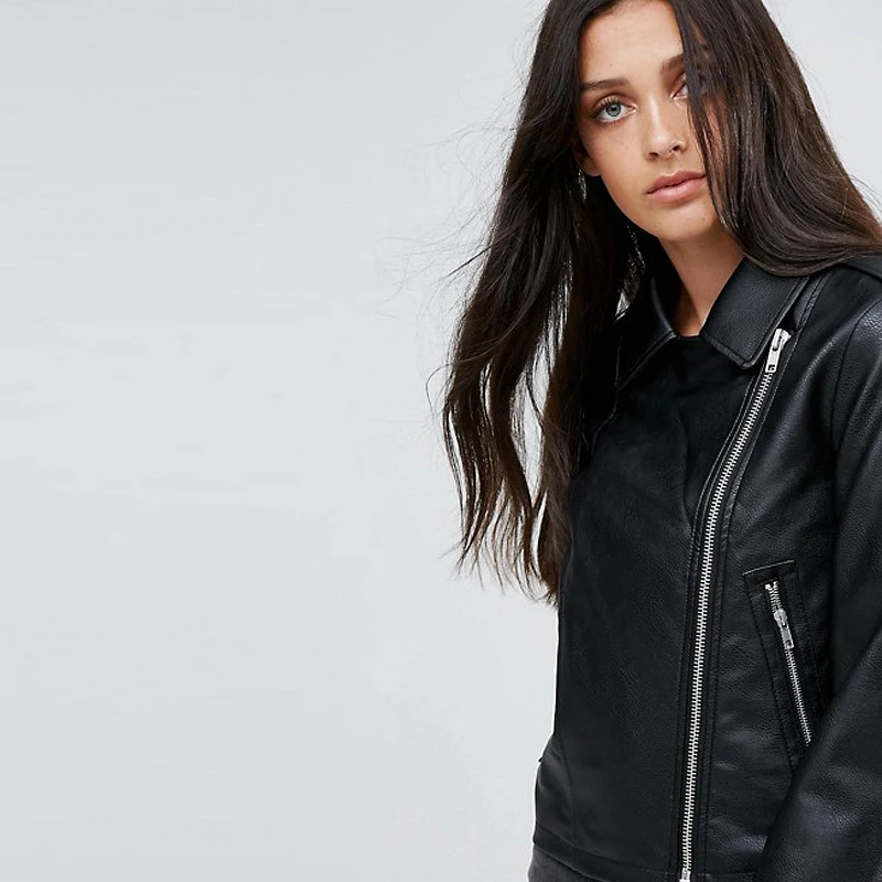 Wholesale New winter custom black Spread collar jacket fashion faux leather biker jacket for women