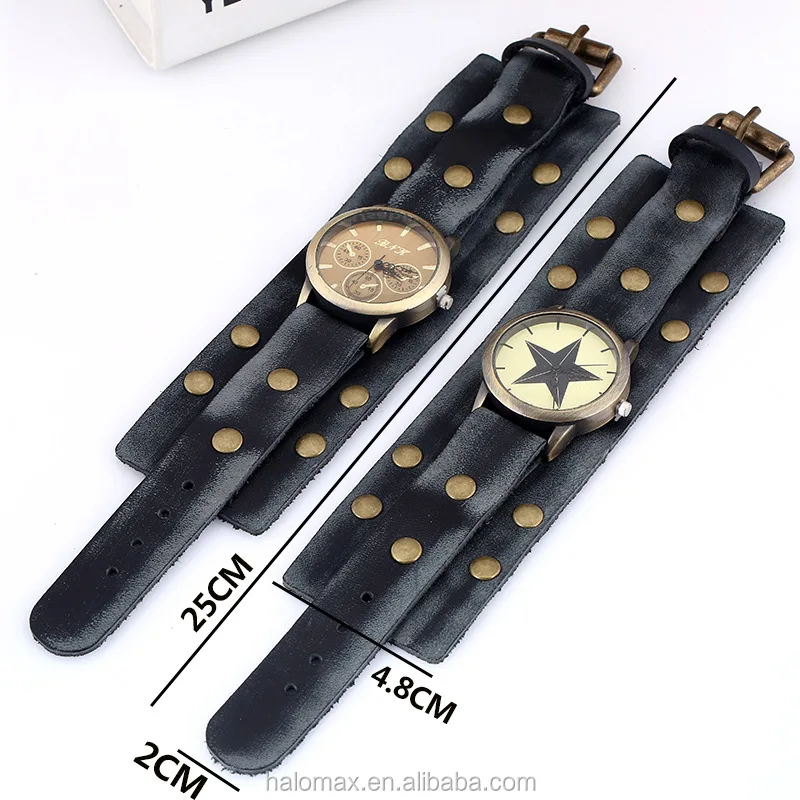 
2017 Fashion New Style Retro Punk Rock Brown Big Wide pu Leather Bracelet Cuff Men Watch 
