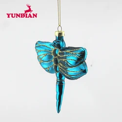 Factory Hand Painted Blown Custom Beautiful Decorative Hanging Bule Glass Bauble Dragonfly Shaped Ornaments  For Christmas Tree