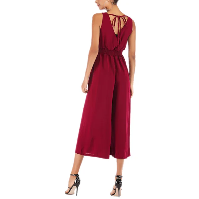 
New style V neck waist-tight nine points length wide leg women chiffon jumpsuits 
