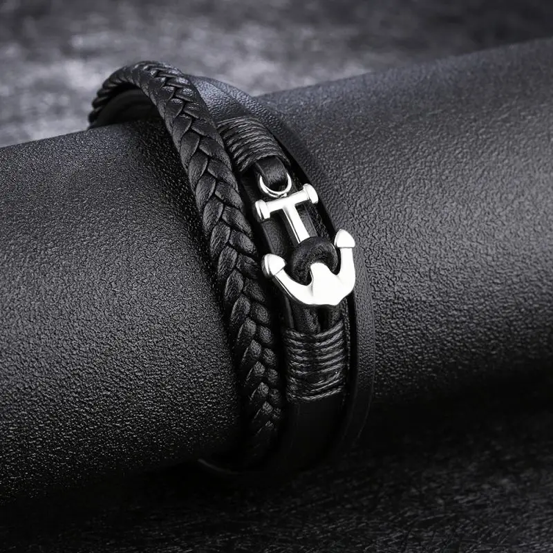 China Wholesale Braided Wrap Leather Mens Black Anchor Bracelet
