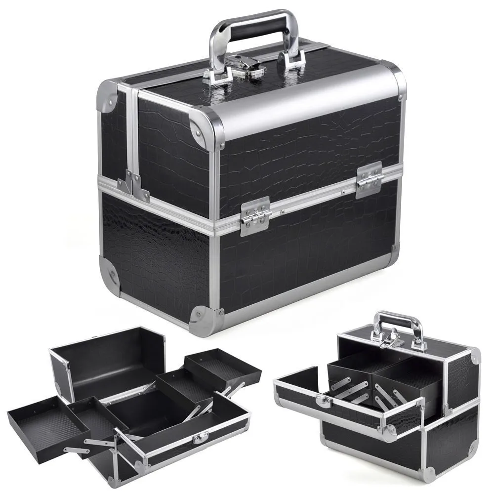 Black Crocodile Aluminum Makeup Box Organizers Makeup Brush Case