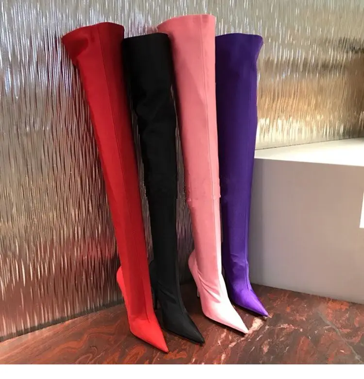 Latest 2017 Sexy Thigh High Boot Satin Stretch Elastic Over The Knee High Heels women Long Boot Shoe