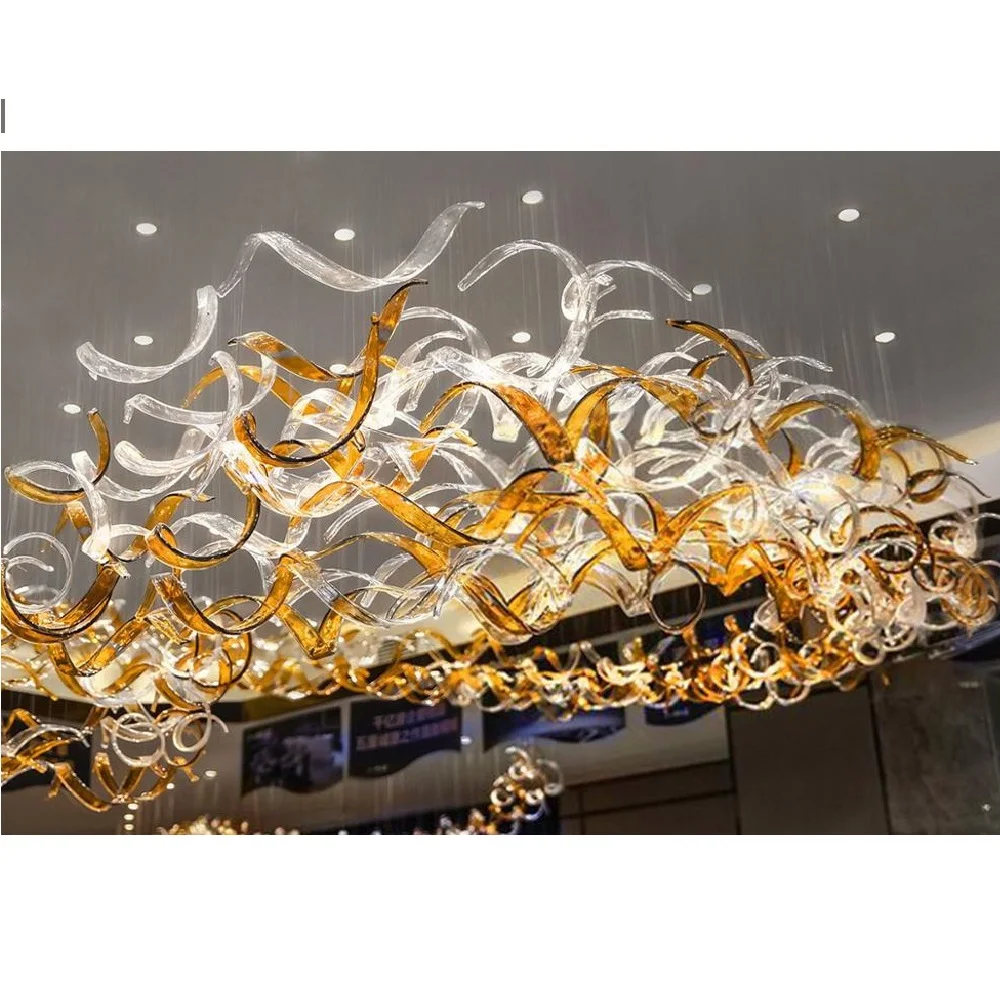 Large Project Ceiling Pendant Lamp ODM Hall Lighting Luxury Murano Glass Ribbon Chandelier