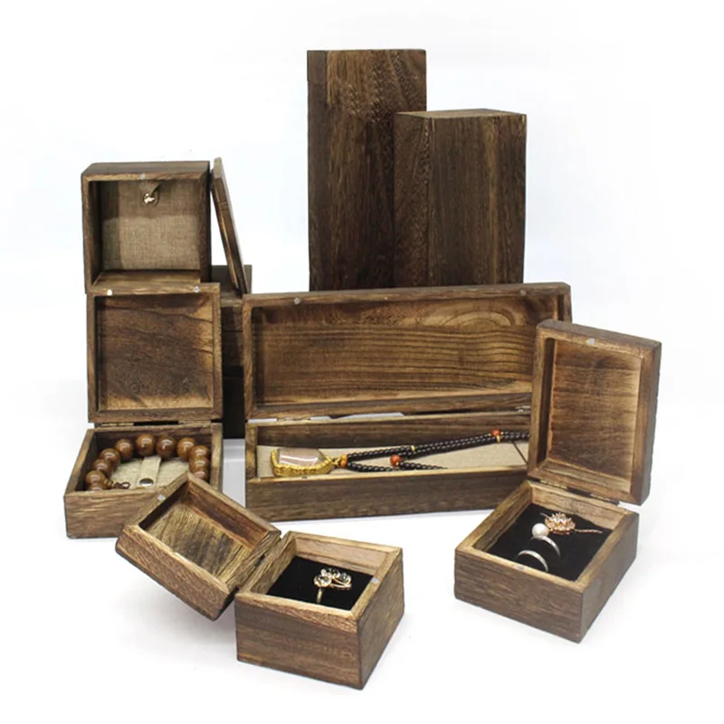 
Paulownia wood antique rustic finish jewelry packaging gift box carbonize color wedding ring packaging wood box 